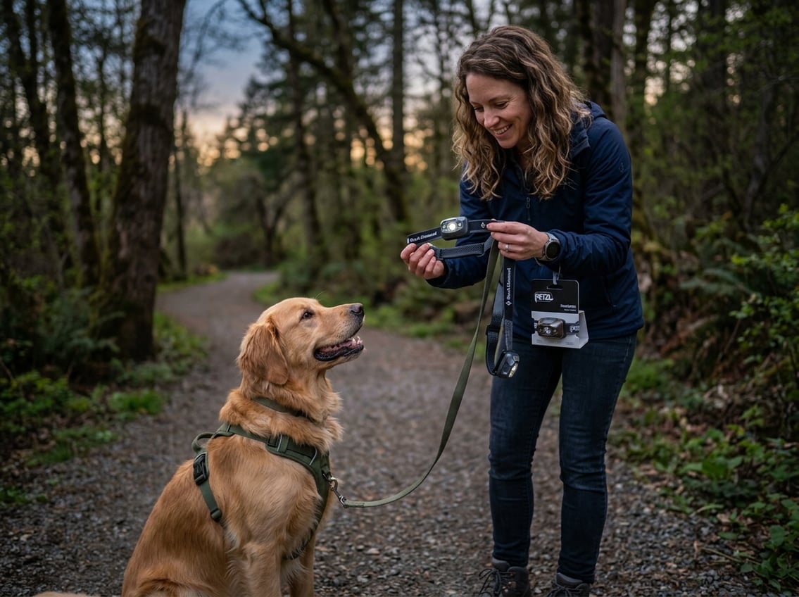 Sådan vælger du pandelygte til gåture med hund